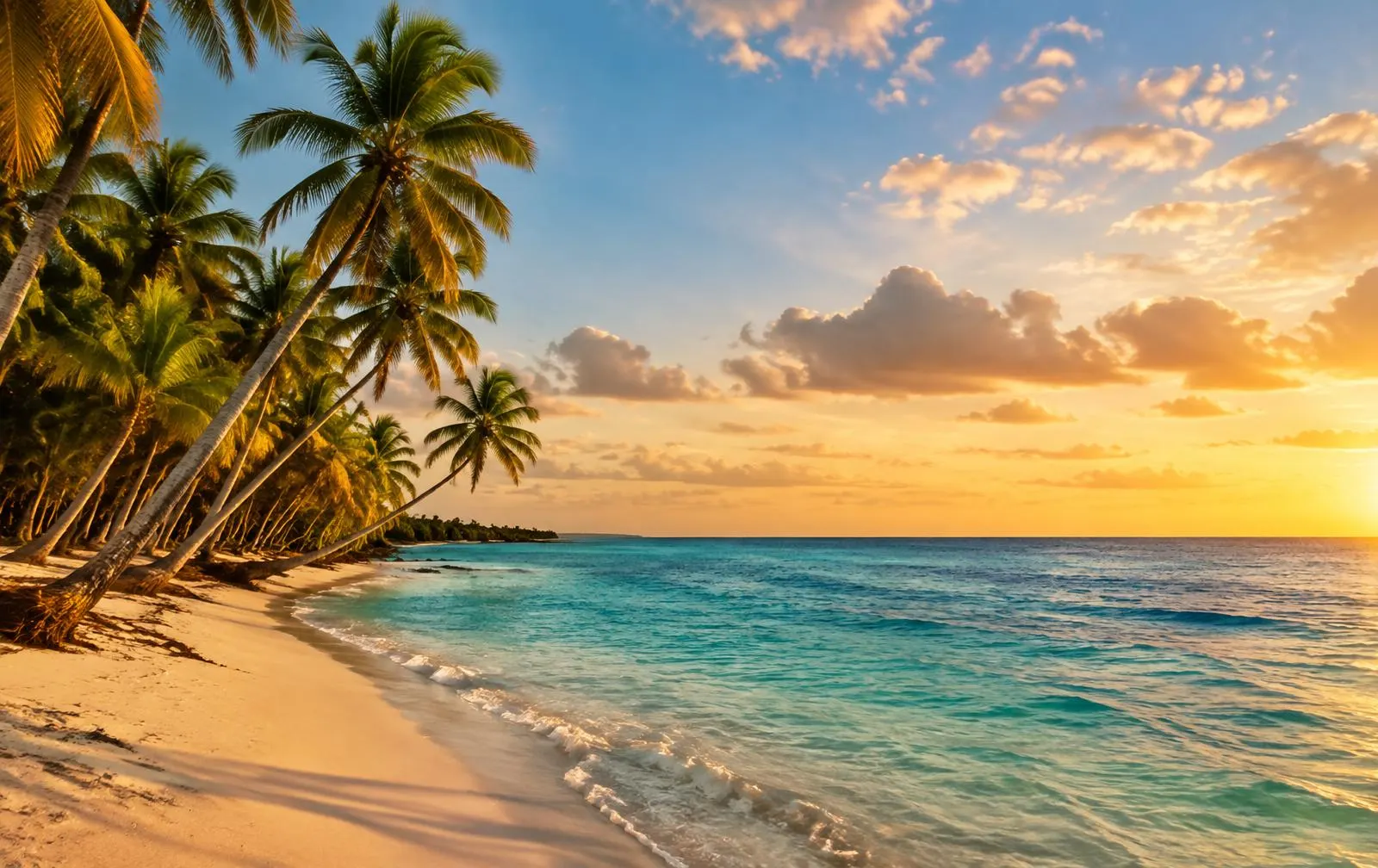 Caribbean beach with palms leaning over the sand at sunset