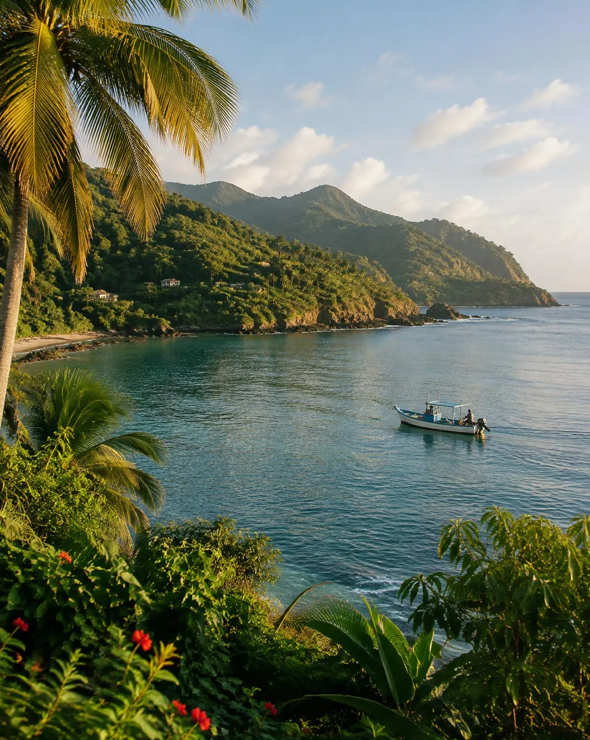 Green bay with tropical hills and a fishing boat on calm water