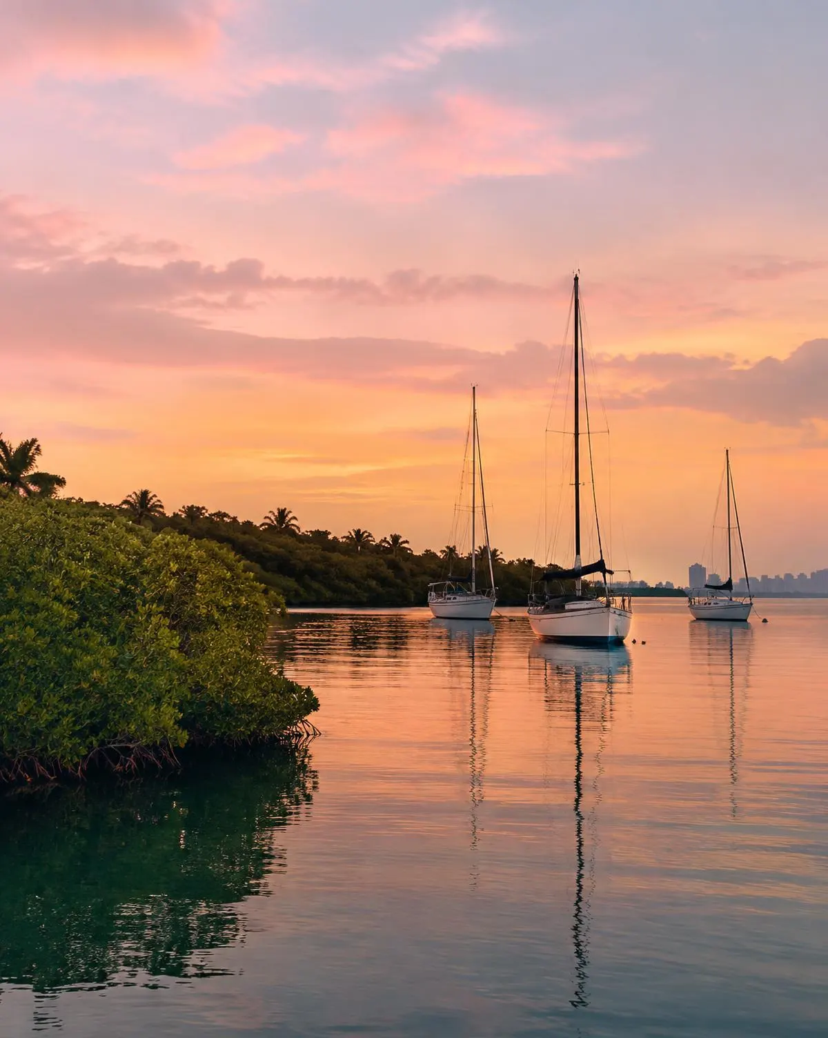 Sailboats moored by mangroves on a South Florida bay at dusk